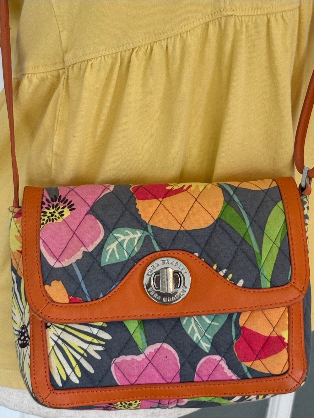 Vera Bradley Floral Crossbody Bag Gray Orange Trim Turn Lock